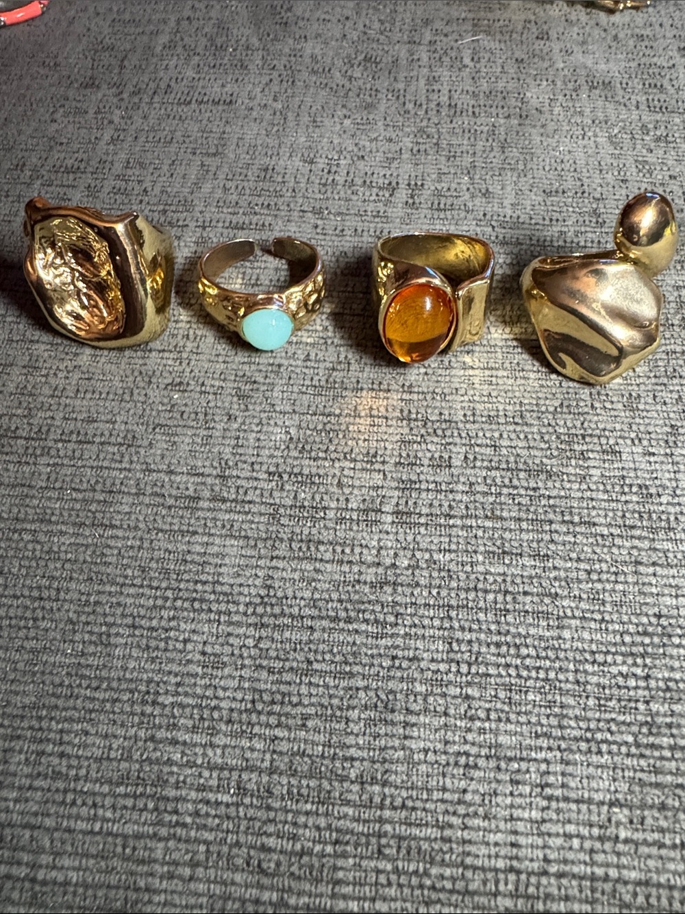 4 Modernist Gold Tone Statement Rings Lot Organic Molten Faux Stone